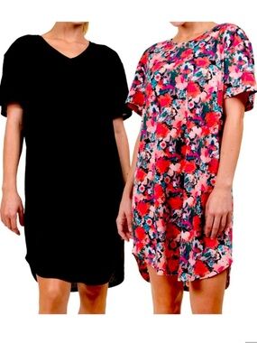 Natori 2-Pack Sleep Shirt Set - Black & Multicolor Floral Size S